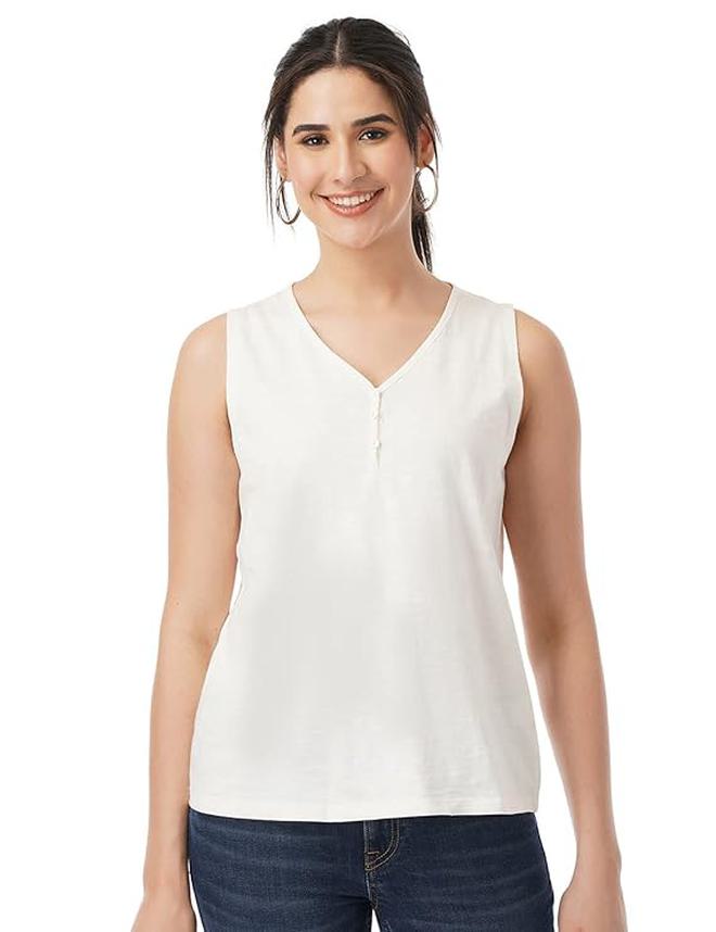 fyltr Women's 100% Cotton SleevelessV-Neck Regular Fit Top - Image 1